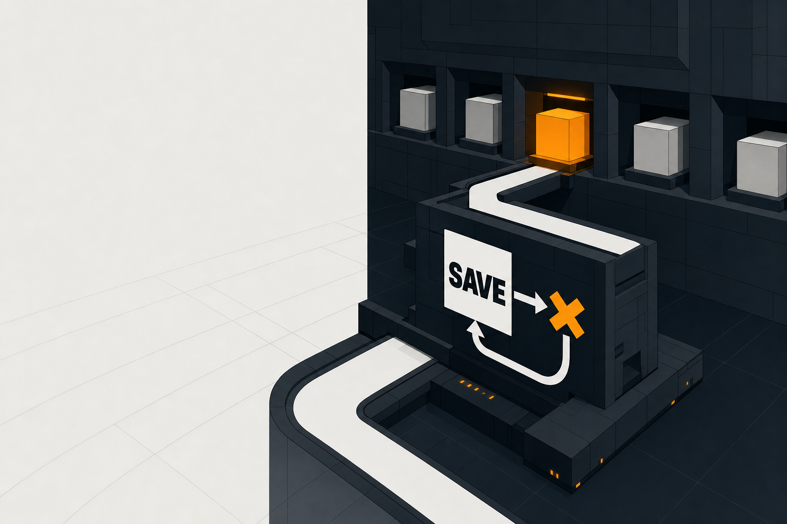 The Backup Network machine in its world: a conveyor path, storage slots, and an amber crate